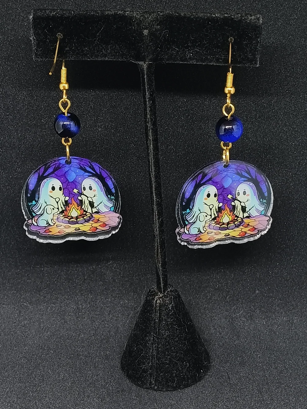 Gold-Tone Ghost Campfire Dangle Earrings in Blue and Purple